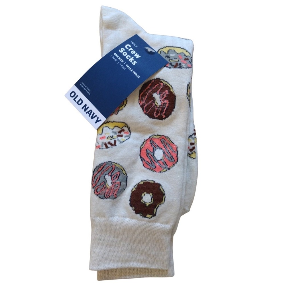 Old Navy Novelty Socks Men One Size Beige Donuts Print Crew Socks Colorful Crazy